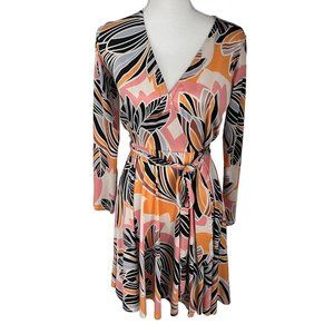 Yumi Kim Multi-Color Printed V-Neck Faux Wrap Long Sleeve Dress Medium M